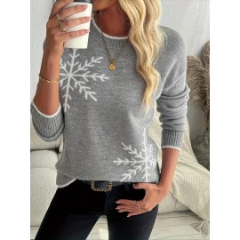 Women'S Soft Round Neck Snowflake Sweater - All-Season Casual & Semi-Formal Pullover with Snowflake Pattern, Cozy Winter Sweater for Everyday & Special Occasions, Durable Easy-Care Knitwear (No Shrinkage)