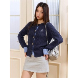 Women's Winter Cardigan Sweater - Off-Shoulder/Boat Neck Collegiate Style Color Block Plaid Patchwork Jacket, Machine Washable Patchwork Sweaters for Layering (Autumn/Winter)