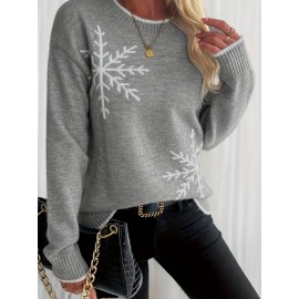 Women'S Snowflake Print Sweater - Winter Season, Holiday Style, Long Sleeves, Contrast Trim, Trendy Holiday Fashion, Ideal For Christmas Parties, Winter Outings, And Festive Events