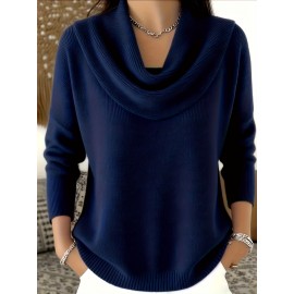 Christmas Green Elegant Long Sleeve Cowl Neck Sweater - Solid Color Minimalist Top, Women'S Winter Warm Pullover