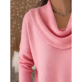 Christmas Green Elegant Long Sleeve Cowl Neck Sweater - Solid Color Minimalist Top, Women'S Winter Warm Pullover