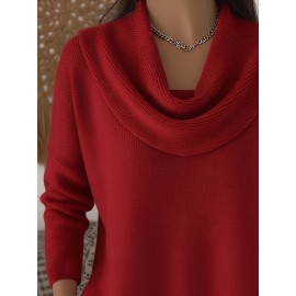 Christmas Green Elegant Long Sleeve Cowl Neck Sweater - Solid Color Minimalist Top, Women'S Winter Warm Pullover
