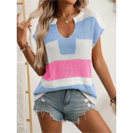 Women's Pastel Pink & Purple Striped Sweater - Oversized V-Neck Long Sleeve Blouse, Loose Fit Casual Summer Top with Round Neckline for Beach Outfits, Brunch Dates & Casual Attire, Machine Washable Layering Piece (Pink/Purple/White/Peach), Soft Fabric for Comfort, Relaxed Fit for Jeans Shorts & Dresses, Suitable for Beach Travel and Casual Outings
