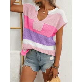 Women's Pastel Pink & Purple Striped Sweater - Oversized V-Neck Long Sleeve Blouse, Loose Fit Casual Summer Top with Round Neckline for Beach Outfits, Brunch Dates & Casual Attire, Machine Washable Layering Piece (Pink/Purple/White/Peach), Soft Fabric for Comfort, Relaxed Fit for Jeans Shorts & Dresses, Suitable for Beach Travel and Casual Outings