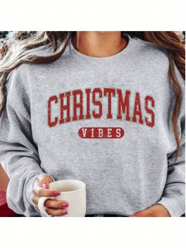 1pc Women'S Casual Crew Neck Sweatshirt, Christmas Vibes Sweatshirt Alphabet Pattern Long Sleeve Pullover For Autumn/ Winter, Grey Sweatshirt