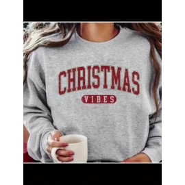 1pc Women'S Casual Crew Neck Sweatshirt, Christmas Vibes Sweatshirt Alphabet Pattern Long Sleeve Pullover For Autumn/ Winter, Grey Sweatshirt