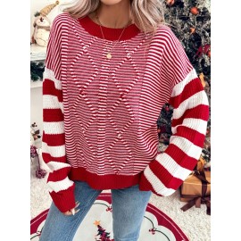 Women's Red & White Striped Sweater - Soft Stretchy Crewneck Sweater with Black Piping & Horizontal Stripes, Elegant Winter Sweater for Christmas Parties, Family Gatherings, Cozy Holiday Outfits (Pink/Beige/Brown/Navy) - Versatile