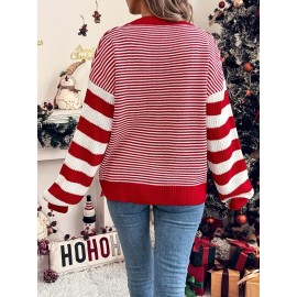Women's Red & White Striped Sweater - Soft Stretchy Crewneck Sweater with Black Piping & Horizontal Stripes, Elegant Winter Sweater for Christmas Parties, Family Gatherings, Cozy Holiday Outfits (Pink/Beige/Brown/Navy) - Versatile