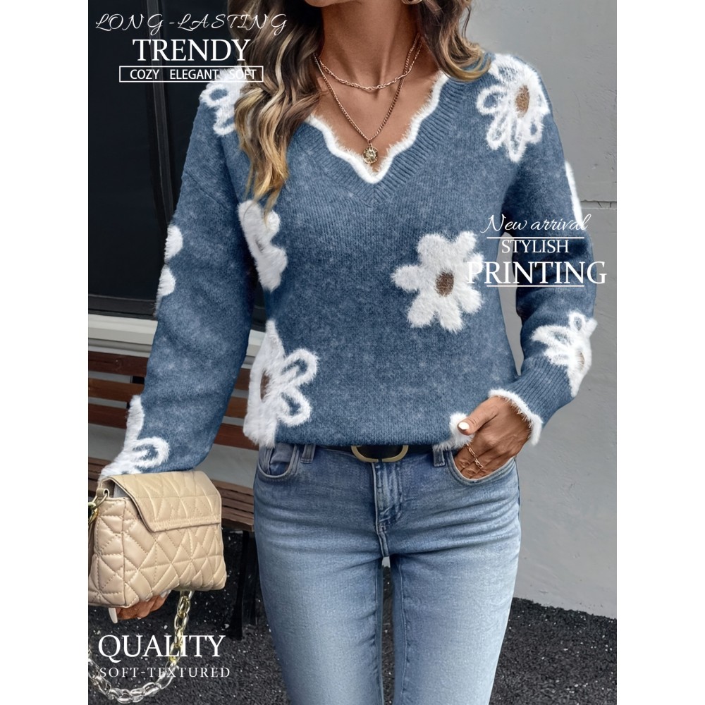 Block Long-Sleeve Sweater, Warm and Gentle with Plush Flower Prints and Lace V-Neck, Gentle Lazy and Sweet Fashionable and Elegant, Blue Color, Best-Selling Item on Pre-Order