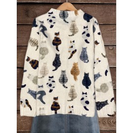 Women's Casual Cat Print Cardigan - Long Sleeve Round Neck Open Front Sweater with Button Closure, Machine Washable Spring/Fall Layering Piece for Casual Attire, Cat Sweater, Durable Knitwear
