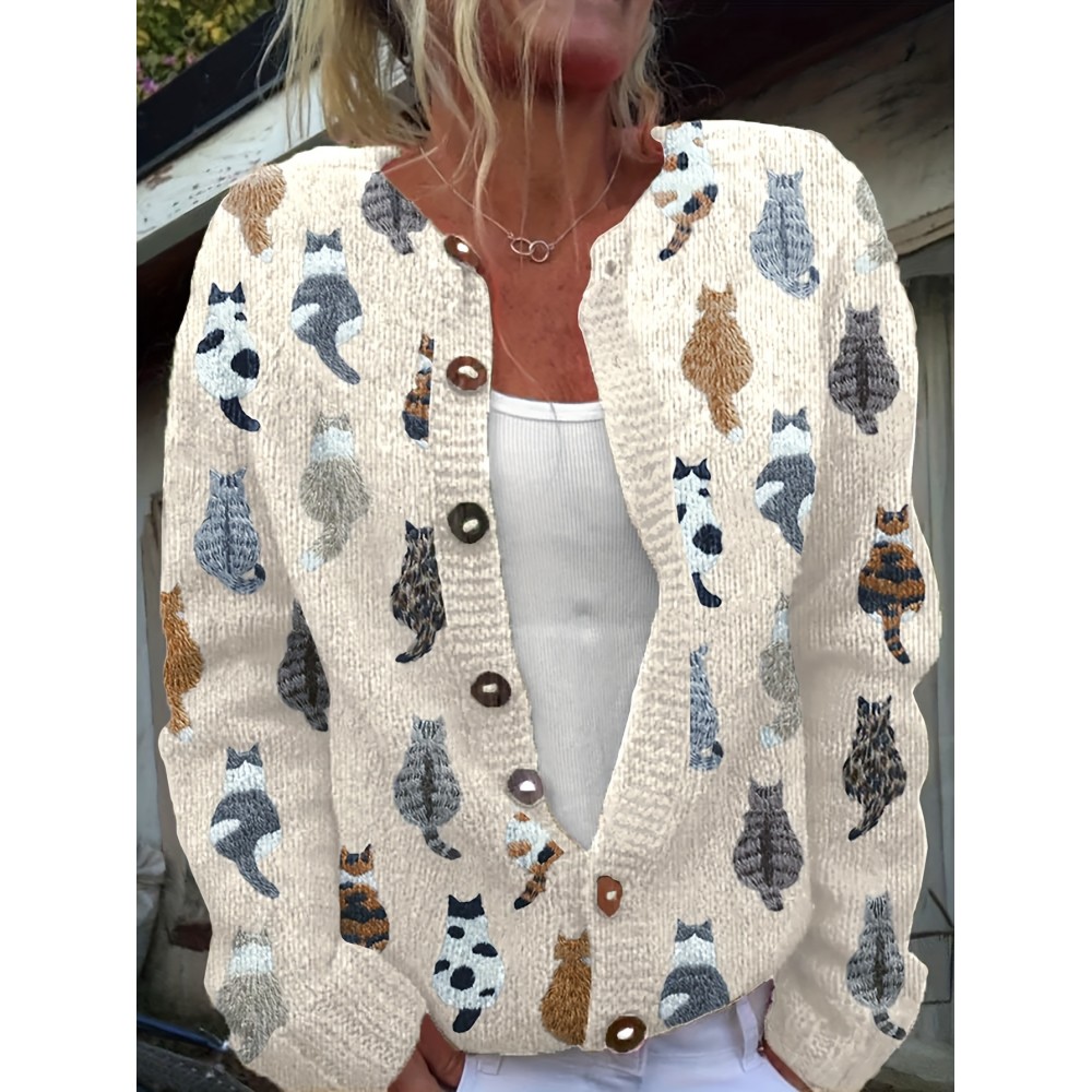 Women's Casual Cat Print Cardigan - Long Sleeve Round Neck Open Front Sweater with Button Closure, Machine Washable Spring/Fall Layering Piece for Casual Attire, Cat Sweater, Durable Knitwear