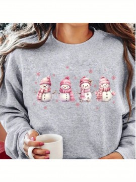 1pc Women's Casual Crew Neck Sweatshirt, Cozy Women's Snowman & Snowflake Print Long Sleeve Pullover for Autumn/ Winter, Grey Sweatshirt