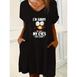 Plus Size Women's 'I'm Sorry' Owl Print Batwing Sleeve V-neck Pocket Nightdress- Lightweight Polyester Blend, Machine Washable, Spring/Summer Casual Nightwear, Home Relaxation Clothing| A dress with pockets| Polyester blend fabric