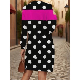 Women's Oversized Black & Pink Polka Dot Sweater - Tuxedo-Inspired Collar, Machine Washable Winter Coat Jacket, Loose-Fit All-Season Blazer for Casual & Formal Events, Pink & Black Digital Print Layering Piece