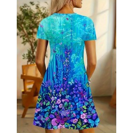 [Overseas Printing]Plus Size Women'S Vibrant Print Dress- Casual Short Sleeve, Stretch Polyester Blend, Washable- Spring/Summer Essential