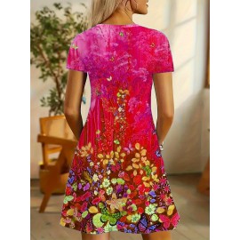 [Overseas Printing]Plus Size Women'S Vibrant Print Dress- Casual Short Sleeve, Stretch Polyester Blend, Washable- Spring/Summer Essential