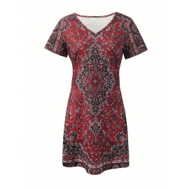 Women'S Ethnic Print Summer Dress - V-Neck, Short Sleeve, Bodycon Fit, Long Length, Flared Hem, Casual Style for Outdoor Activities, Casual Summer Dress | Vneck Dress | Stretchy Fabric
