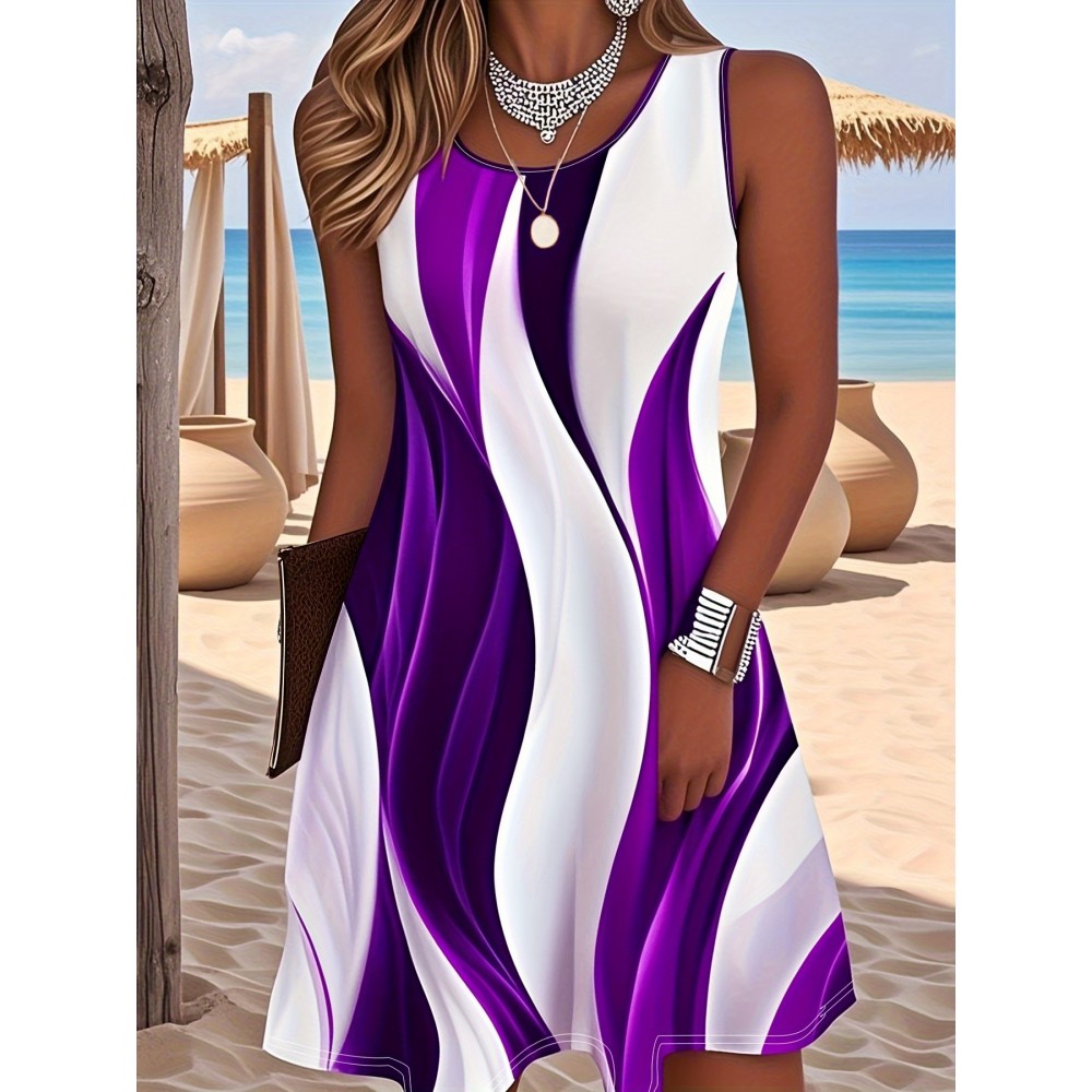 Summer New Arrival Women'S Resort-Style Color-Block Stripe Print Tank Dress- Purple/ White/ Black Round Neck Sleeveless, Lightweight Breathable Machine-Washable for Beach Vacations, Casual Outings& Weekend Getaways, Summer Tank Tops