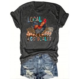 Women's Easter Graphic T-Shirt - Farmhouse Chicken Egg Dealer Design Crew Neck Tee - Dark Grey Casual Top - Machine Washable Everyday & Easter Party Shirt for Women, Holiday Celebration, Seasonal Fashion, Geometric Pattern, Breathable Fabric, Comfortable Material, Printed Blouse, Holiday Shoppers