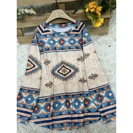 Women'S Southwest-Style Geometric Print Long-Sleeve Top - Elastic V-Neck Casual Shirt, Machine Washable Translucent Fabric with Turquoise/Orange/Black/Beige/White/Gray Patterns, Resort Wear & Everyday Elegant Blouse for Fall Winter Layering, Southwestern Bohemian Style Clothing, Regular Fit with Intricate Geometric Design, Stretchy Material for Comfort, Spring/Summer Wear, Pullover Style with Long Sleeves, Women Top And Blouse, V Neck T Shirt For Women, Fall Shirt For Women, White Top