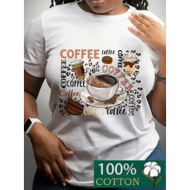 Women's 100% Coffee Lover's T-Shirt - Funny Coffee Cup & Beans Print with Cappuccino, Latte, Mocha, Espresso & Turkish Coffee Design - Casual Loose Fit Short Sleeve Round Neck Green & White Coffee-Themed Apparel for Casual Attire & Coffee Lovers Gift