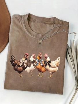 Women's Turquoise Blue Short Sleeve T-Shirt - Soft Pure Round Neck Top with Chicken Print (Hens & Bow Tie Design) - Casual & Party Wear for Spring Summer Fall - Comfortable Colors Everyday Blouse