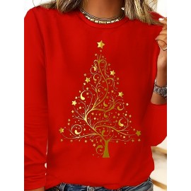 Women's Red Christmas Tree Print Long Sleeve T-Shirt - Golden Star & Swirl Holiday Top, Loose Fit Casual Round Neck Blouse for Parties, Casual Attire & Xmas Outfits (Golden/Green, All-Season)