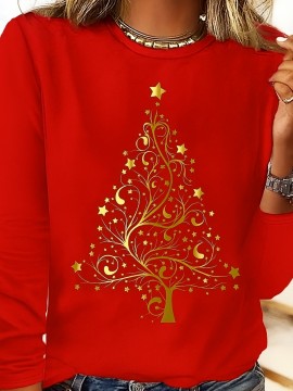 Women's Red Christmas Tree Print Long Sleeve T-Shirt - Golden Star & Swirl Holiday Top, Loose Fit Casual Round Neck Blouse for Parties, Casual Attire & Xmas Outfits (Golden/Green, All-Season)