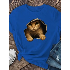 [Cute Orange Kitten T-Shirt] Lightweight Comfortable Fit Women's Cute Orange Kitten Peeking from Torn Hole Graphic T-Shirt - Red Casual Everyday Tee for Pet Lovers - Medium Elasticity Fabric Spring Summer Apparel