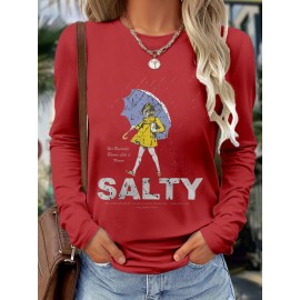Women'S Long Sleeve T-Shirt - White Top with SALTY Graphic, Crew Neck Casual Everyday Shirt for Women, All-Season Everyday & Party Outfits - from Local Warehouse, Versatile Clothing, Playful Design, Quality Stitching, Stylish Blouse, Fashion Lovers
