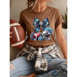 Local delivery - One piece Women's printed T-shirt -100% casual round neck short sleeved top with rugby elements, breathable and comfortable, suitable for match days, parties and daily wear, machine washable, all season casual clothing - perfect for