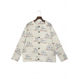 [Constructi] Plus Size Women's Elegant Dog Print Cardigan | Cozy Fall/Winter Sweater, Soft & Pug Pattern, Button Front, Long Sleeve, Round Neck, All-Over Dog Design, Casual Wear | Playful Dog Design