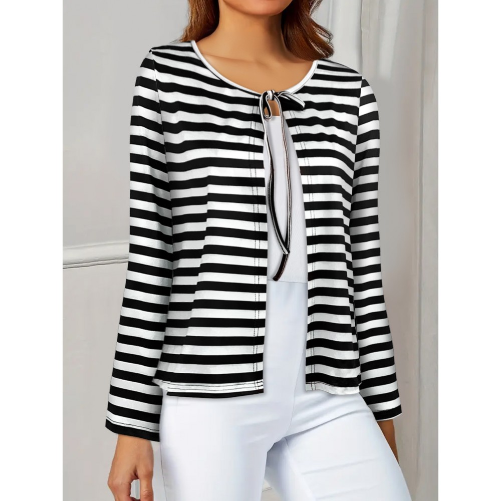 Plus Size - Plus Size, Women'S Plus-Size Elegant Long Sleeve Cardigan - Tie-Up Front, All-Over Black & White Horizontal Lines, Open Front Closure, Non-Stretchy Fabric for Fall/Winter Layering - Office, Party, Everyday Outfits - Women'S Sweater, Cardigan Sweater, Winter Layering Piece, Round Neckline, Durable Knitwear, Office Attire, Classic Design, Quality Stitching, Stylish Sweater, Fashion Lovers
