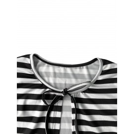 Plus Size - Plus Size, Women'S Plus-Size Elegant Long Sleeve Cardigan - Tie-Up Front, All-Over Black & White Horizontal Lines, Open Front Closure, Non-Stretchy Fabric for Fall/Winter Layering - Office, Party, Everyday Outfits - Women'S Sweater, Cardigan Sweater, Winter Layering Piece, Round Neckline, Durable Knitwear, Office Attire, Classic Design, Quality Stitching, Stylish Sweater, Fashion Lovers