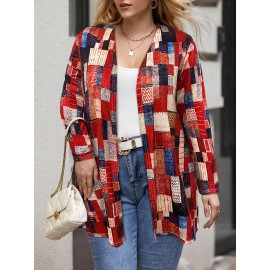 Plus Size, Women's Plus Size Oversized Geometric Pattern Cardigan Sweater - Long Sleeve Winter Warm Coat with Multicolor (Red/Blue/Black/White/Beige/Brown) | Machine Washable Casual & Formal Outerwear for Fall Winter Layering | Cozy Sweater Jacket, Oversized Sweaters for Women, Winter Jacket for Women Plus Size, Plus Size Cardigan, Lightweight Cardigan for Women, Plus Size Winter Coats for Women, Cold Weather Wear, Stylish Knitwear, Soft Fabric, Comfortable Texture