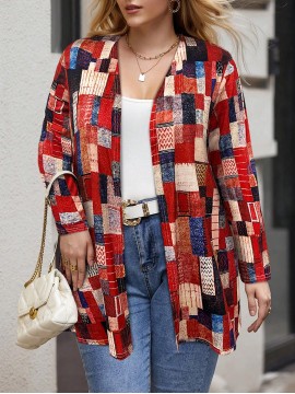 Plus Size, Women's Plus Size Oversized Geometric Pattern Cardigan Sweater - Long Sleeve Winter Warm Coat with Multicolor (Red/Blue/Black/White/Beige/Brown) | Machine Washable Casual & Formal Outerwear for Fall Winter Layering | Cozy Sweater Jacket, Oversized Sweaters for Women, Winter Jacket for Women Plus Size, Plus Size Cardigan, Lightweight Cardigan for Women, Plus Size Winter Coats for Women, Cold Weather Wear, Stylish Knitwear, Soft Fabric, Comfortable Texture