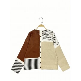 Plus-Size Women's Lightweight Cardigan - Spring/Autumn Open Front Sweater with Digital Print (Brown/White/Beige/Patterned), Round Neck Long Sleeve Button Front for Casual & Resort Wear, Cardigan Sweater, Spring Outerwear, Trendy Knitwear, Cozy Feel Fabric