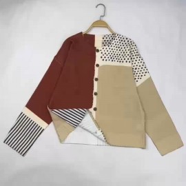 Plus-Size Women's Lightweight Cardigan - Spring/Autumn Open Front Sweater with Digital Print (Brown/White/Beige/Patterned), Round Neck Long Sleeve Button Front for Casual & Resort Wear, Cardigan Sweater, Spring Outerwear, Trendy Knitwear, Cozy Feel Fabric