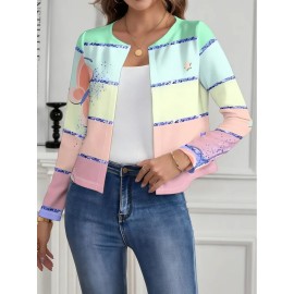 Plus Size - Plus Size Women'S Elegant Pastel Short Cardigan - Soft Pastel Pink, Mint Green, Lavender, Yellow, Brown & Golden Horizontal Striped Sweater with & Patterns, Long Sleeve Open Front Design, Machine Washable Cozy Fall Winter Layering Piece