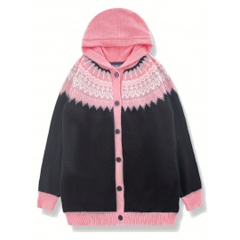 Plus Size, 2D FLAT PATTERN Soft Jacquard Glacier Snow Mountain Hooded Cardigan, Elegant, Fashionable, Comfortable, Casual And Retro Hooded Coat