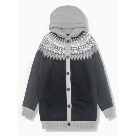 Plus Size, 2D FLAT PATTERN Soft Jacquard Glacier Snow Mountain Hooded Cardigan, Elegant, Fashionable, Comfortable, Casual And Retro Hooded Coat