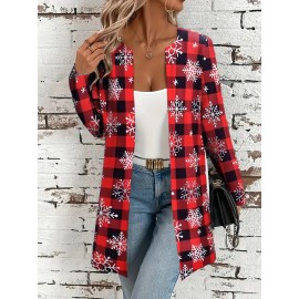 Plus Size, Plus Size Women's Red & Black Plaid Christmas Snowflake Cardigan Sweater - Soft Machine-Washable Winter Coat, Cozy -Free Jacket for Holiday & Casual Attire, Casual Winter Outfits (No Collar, Durable Plus Size Clothing)