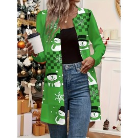 Plus Size - Women'S Christmas plus size Cardigan- Red& Black Checkered Snowman Pattern Longline Loose Fit Lightweight Warm Winter Coat, Machine Washable Elegant Holiday Party Outerwear, Festive Clothing, Comfortable Fabric