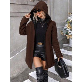 Plus Size, Plus Size Winter Reversible Hooded Jacket with Pockets - Elegant -Like Collar & Lap Jacket, Burgundy/Black Color-Block Coat, Machine Washable Long Outerwear for Plus-Size Ladies (No Closure, Fall/Winter)