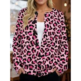 Plus Size - Women'S Plus Size Christmas Leopard Print Cardigan Sweater - Soft Button-Front Closure Coat with Round Neck & Long Sleeves, Pink & All-Over Pattern, Cozy Winter Outerwear for Holiday Parties, Casual Outfits - Ideal Christmas Gift for Wom