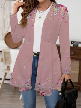 Plus Size - Plus Size, Plus Size Women'S Elegant Floral Print Cardigan - Lightweight Breathable Stretchy Long Sleeve Open Front Sweater with Pastel Pink & Multicolor Floral Design, Spring/Autumn Casual Outerwear for Women