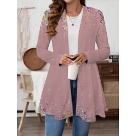 Plus Size - Plus Size, Plus Size Women'S Elegant Floral Print Cardigan - Lightweight Breathable Stretchy Long Sleeve Open Front Sweater with Pastel Pink & Multicolor Floral Design, Spring/Autumn Casual Outerwear for Women