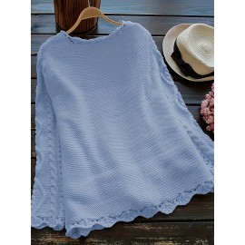 Plus Size, Plus Size Women's Casual Open Front Sweater, Long Sleeve with Pocket and Buttoned Scallop Hem