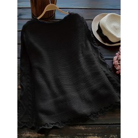 Plus Size, Plus Size Women's Casual Open Front Sweater, Long Sleeve with Pocket and Buttoned Scallop Hem