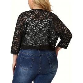 Plus Size Kimono Women Cardigan - Sheer Floral Pattern, 3/4 Sleeve, Open Front Shawl, Casual Spring/Summer Wear, Black, Elegant Event Wear, Short Length, Slight Stretch Fabric, No Lining